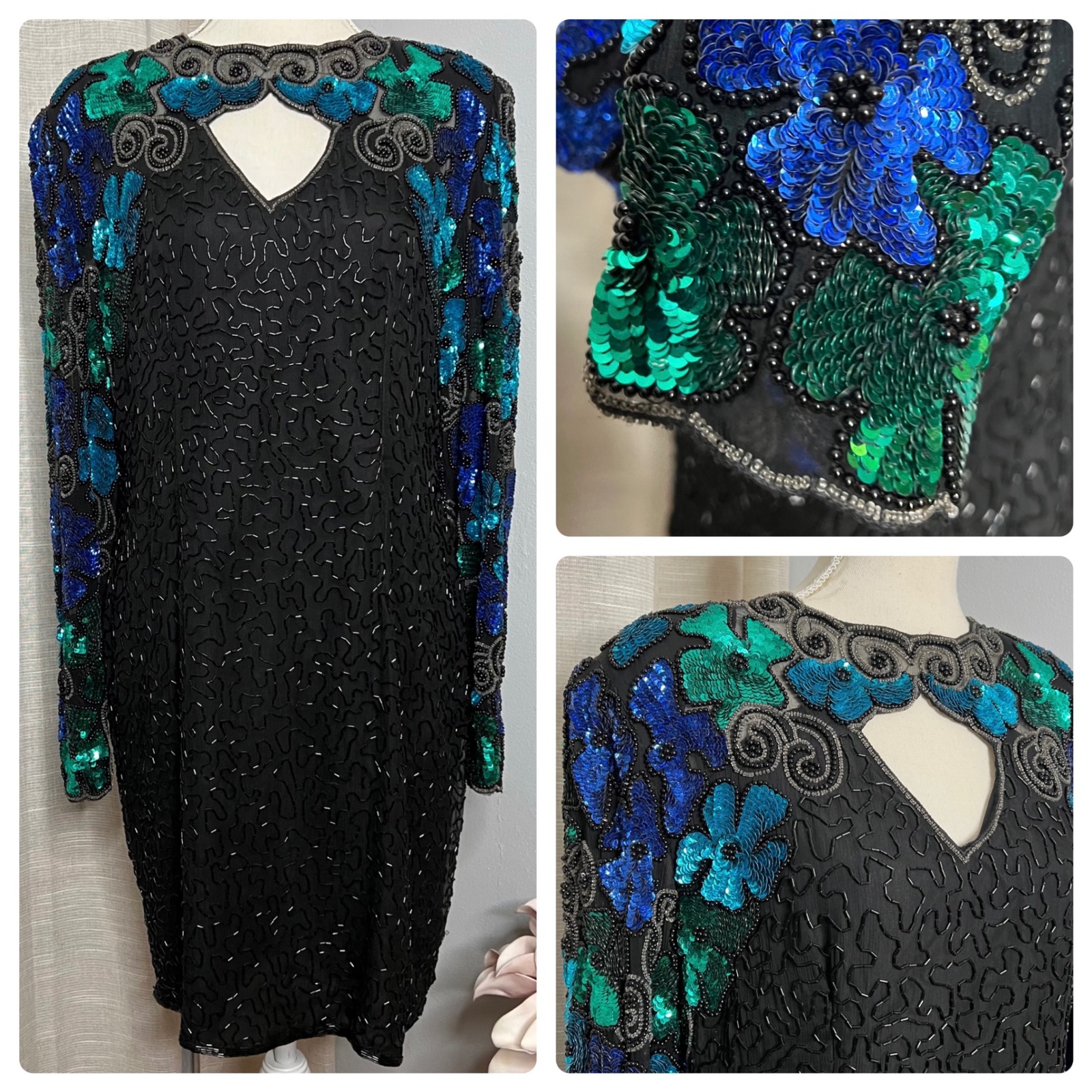Vintage Laurence Kazar Silk Dress Floral Swirl Sequin Bead Long Sleeve Size Xl